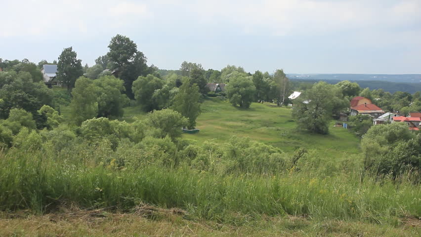 Russian village countryside landscape panning - Russia, Tula, Byokhovo, Polenovo, Oka river