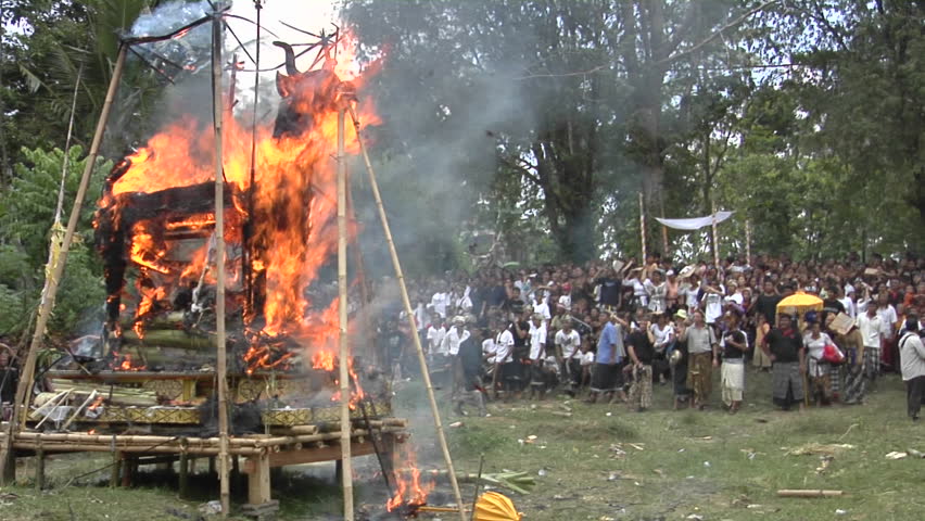 BALI, INDONESIA - CIRCA 2009: A funeral pyre burns at a cremation ceremony circa 2009 in Bali.