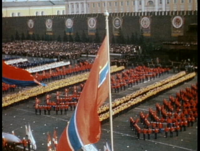 MOSCOW, RUSSIA - CIRCA 1970: A Communist parade on the streets of Moscow in the 1970's.