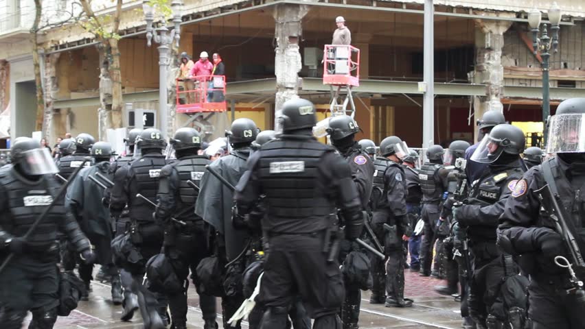 PORTLAND, OREGON - NOVEMBER 17: Law enforcement at Occupy Portland N17 "Occupy the Banks" rally November 17, 2011 in Portland, Oregon. 