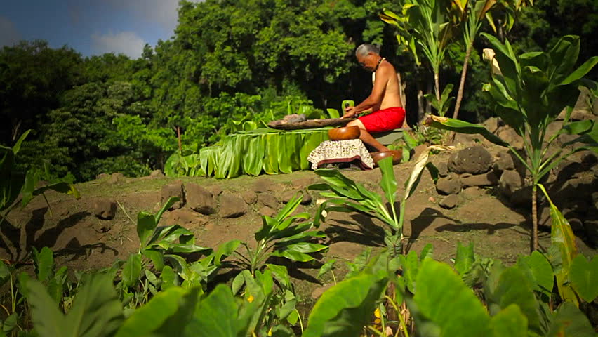 HAWAII - CIRCA 2010: A shaman sits on rocks and works.