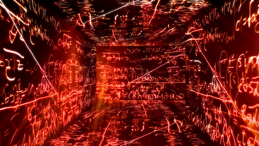 Tunnel design with Mathematical , Physical science formulas flying around on the walls, floor and ceiling of the scene.