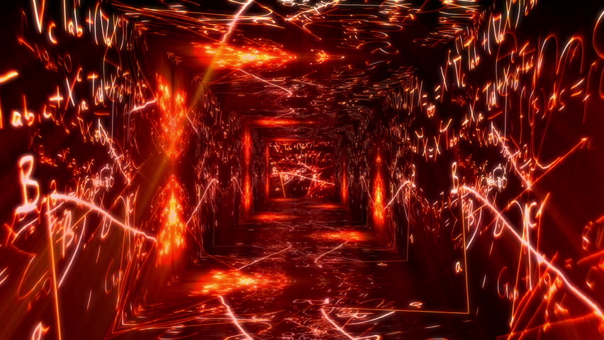 Tunnel design with Mathematical , Physical science formulas flying around on the walls, floor and ceiling of the scene.