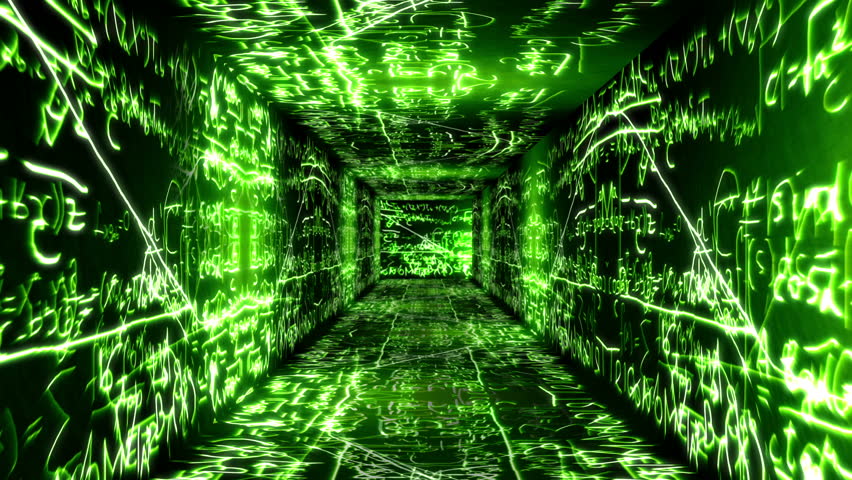 Tunnel design with Mathematical , Physical science formulas flying around on the walls, floor and ceiling of the scene.