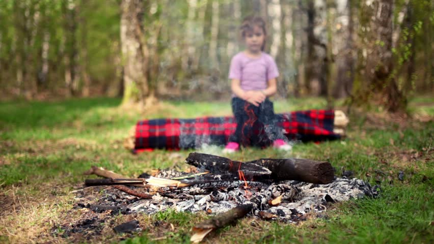 Little girl sits on log covered with plaid and watch at bonfire burn, in grove at sunny day