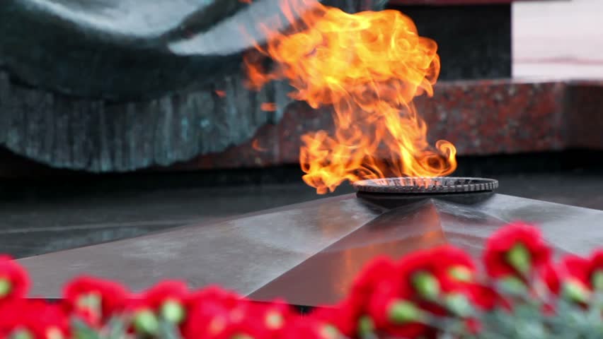 Red flowers lay near eternal fire on memorial grave of Unknown soldier of Second World War, closeup view