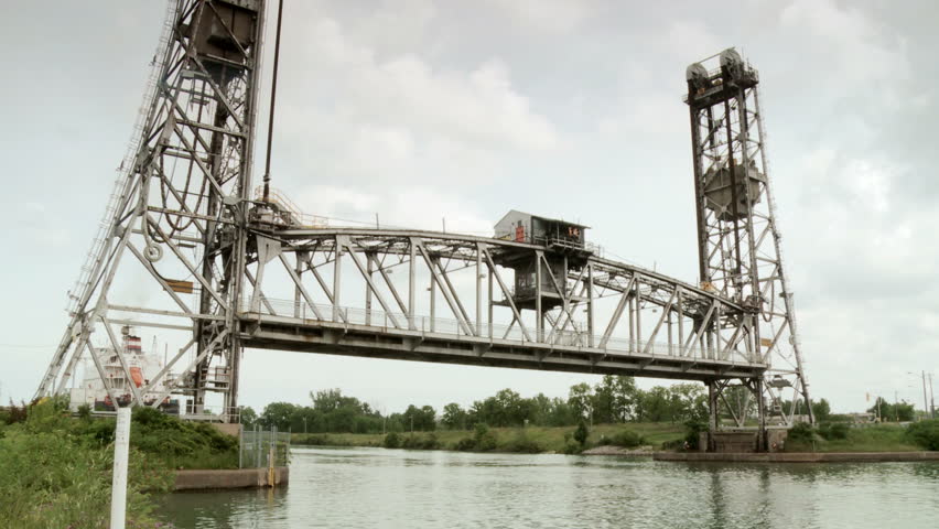 Descending Vertical Lift Bridge across the Welland Canal at Welland, Ontario, Canada.