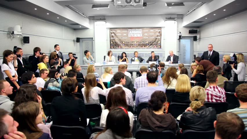 MOSCOW - MAY 6: Journalists at popular dutch DJ Armin Van Buuren press conferences in RIA Novosti hall, on May 6, 2011 in Moscow, Russia.