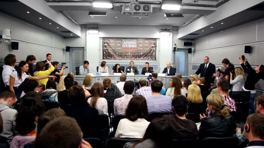 MOSCOW - MAY 6: Popular dutch DJ Armin Van Buuren speaks to reporters at press conferences in RIA Novosti hall, on May 6, 2011 in Moscow, Russia.