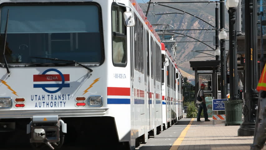 SALT LAKE CITY CIRCA SEPT 2009: Utah Transit Authority light rail TRAX system move citizens throughout the valley for work, business and pleasure in Salt Lake City, Utah. Leaving terminal.