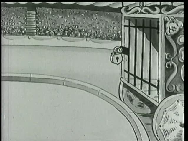 Cartoon of lion tamer bowing to caged lion at circus