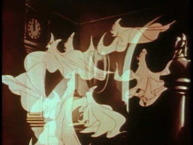 Cartoon of swarm of ghosts flying around room
