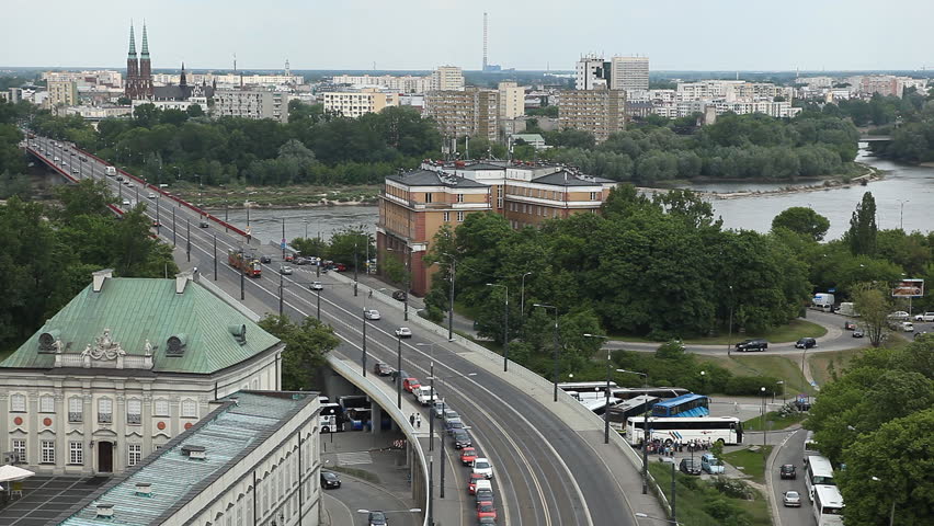 Aerial View of Warsaw, Poland, Slasko Dabrowski Bridge, Vistula River