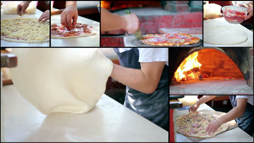 Making Pizza - Pizzeria - Video collage of clips showing chef making a pizza in commercial kitchen. HD1080p.