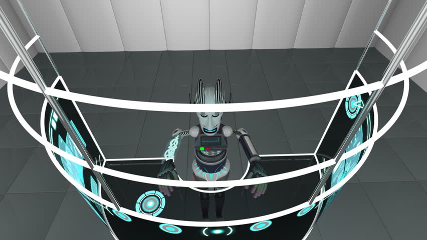 Futuristic 3D robot accessing communication data using touchscreen technology