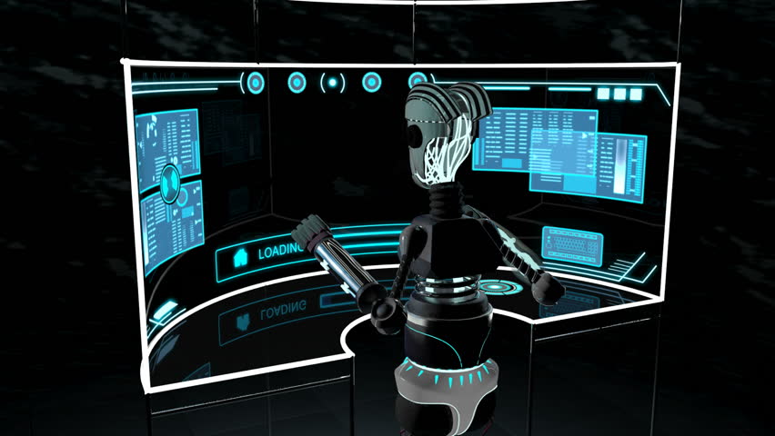 Futuristic 3D robot accessing communication data using touchscreen technology
