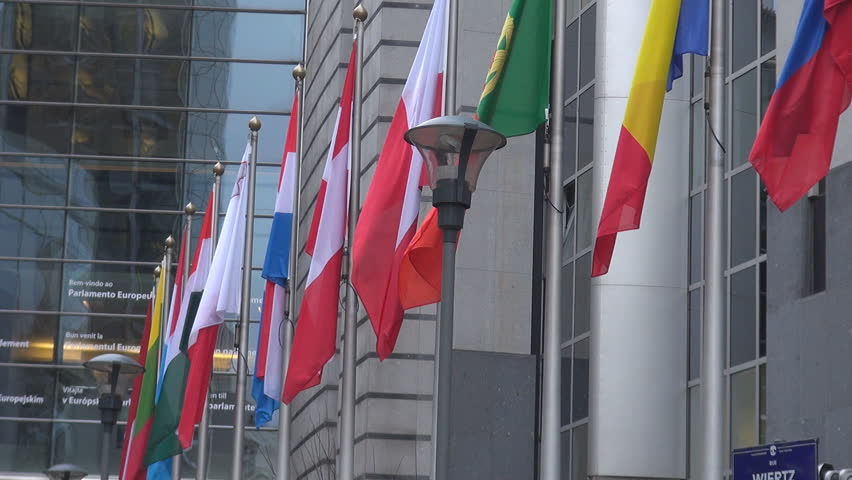 Flags at European Parliament, Brussels, Belgium