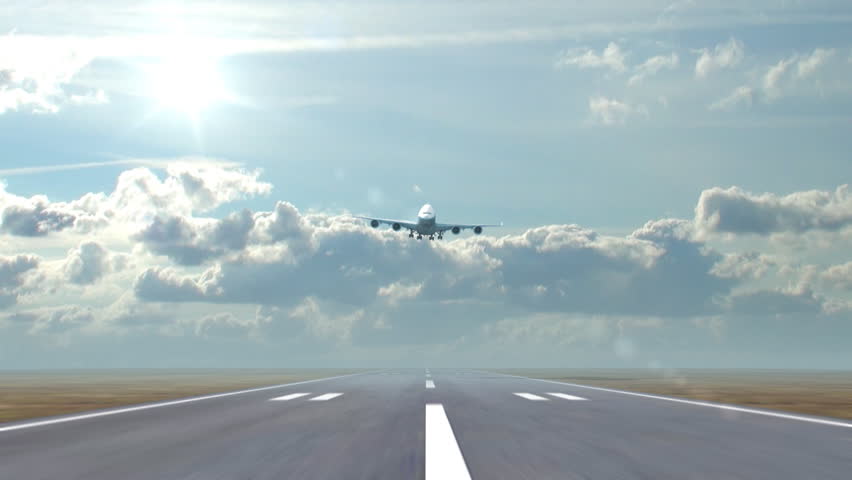 airplane landing against a background of running clouds, 3d animation