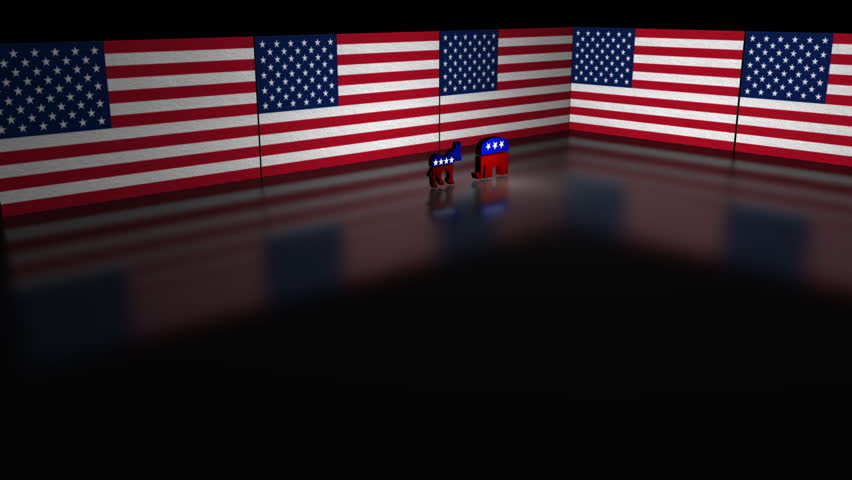 Democrat - Republican Clash. The democrat donkey and the republican elephant clash head on.