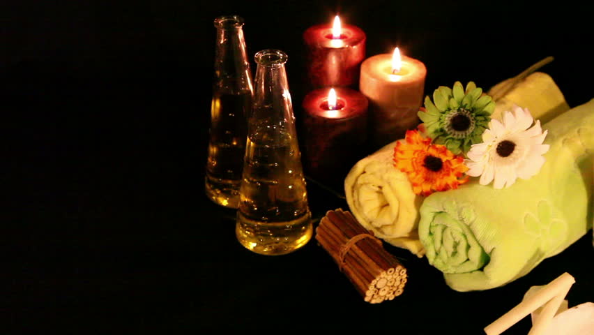 Essential Oil Bottles, towels, candle and flower for healthy spa treatment 2, shoot Canon 5D Mark II