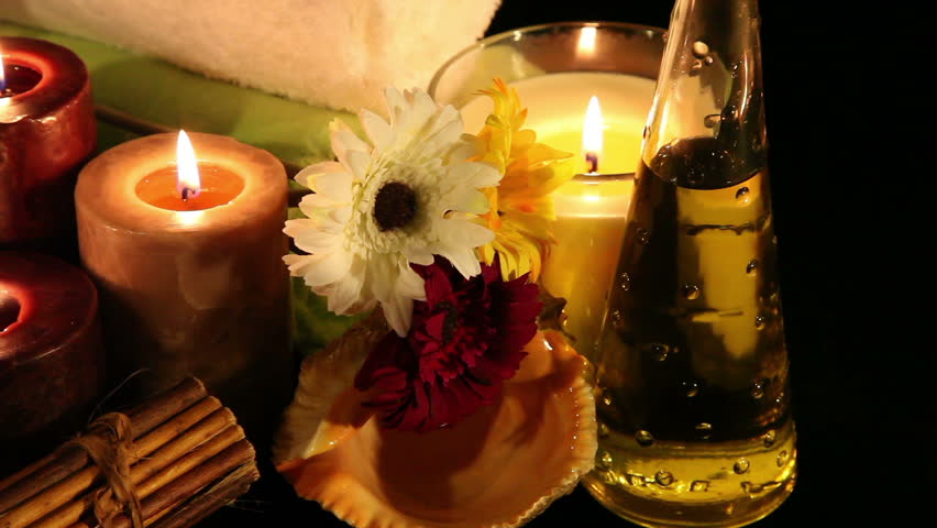 Essential Oil Bottles, towels, candle and flower for healthy spa treatment 3, shoot Canon 5D Mark II