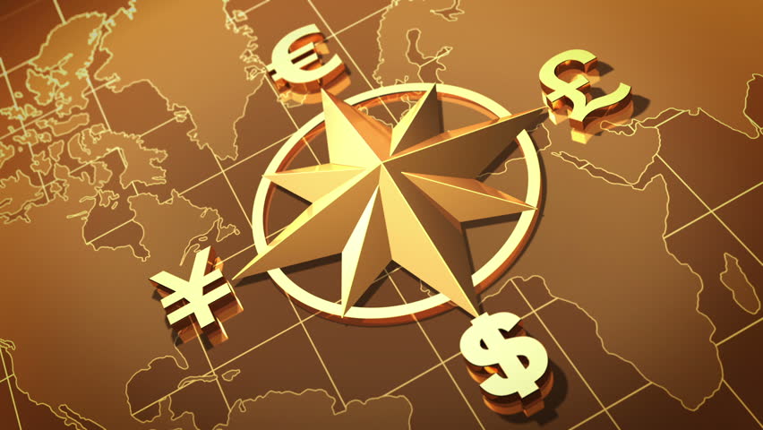 World map with symbols of Dollar, Euro, Pound, and Yen