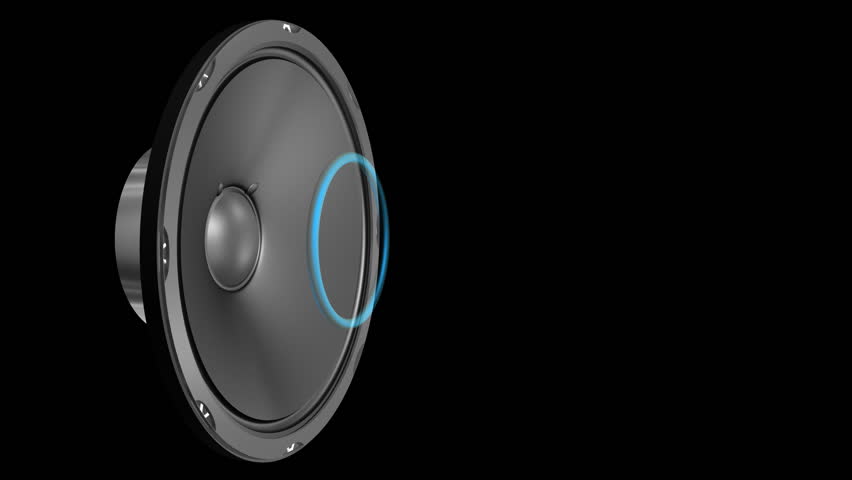 Speaker Emiting Waves Animation With Alpha (HD). 3D rendered animation of a large speaker emitting sound waves as blue rings when cone deforms. Camera orbits around the scene from front to side.