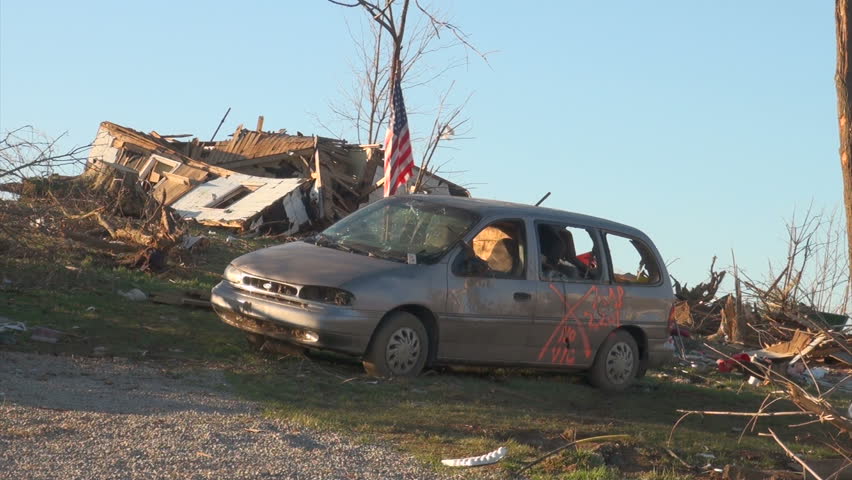 HENRYVILLE, IN - USA, MARCH 10, 2012- FEMA search markings on a damaged van in Henryville, IN, nearly a week after an EF-4 tornado struck the community on March 2, 2012