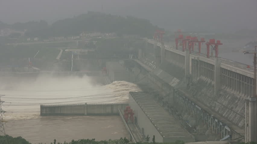 Overview of the Three Gorges Dam, filled in smog and mist