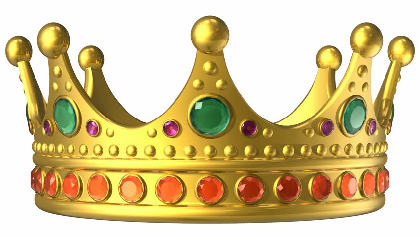 Rotating golden royal crown isolated on white background with alpha mask