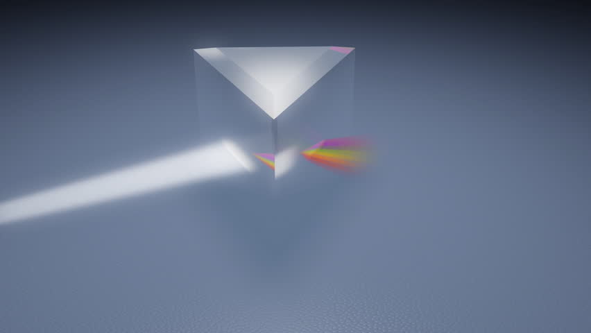 Prism Light Spectrum With Glare. Prism with high key glare lighting separating a white light beam into a rainbow of colors. Raytracing and refraction rendering.