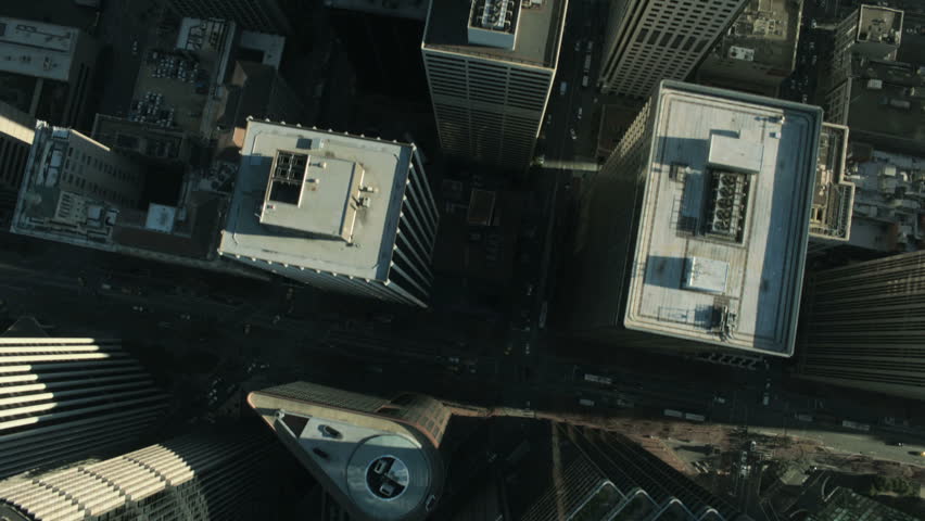 Aerial vertical view of rooftop skyscrapers within the streets and commercial area of San Francisco, California, North America