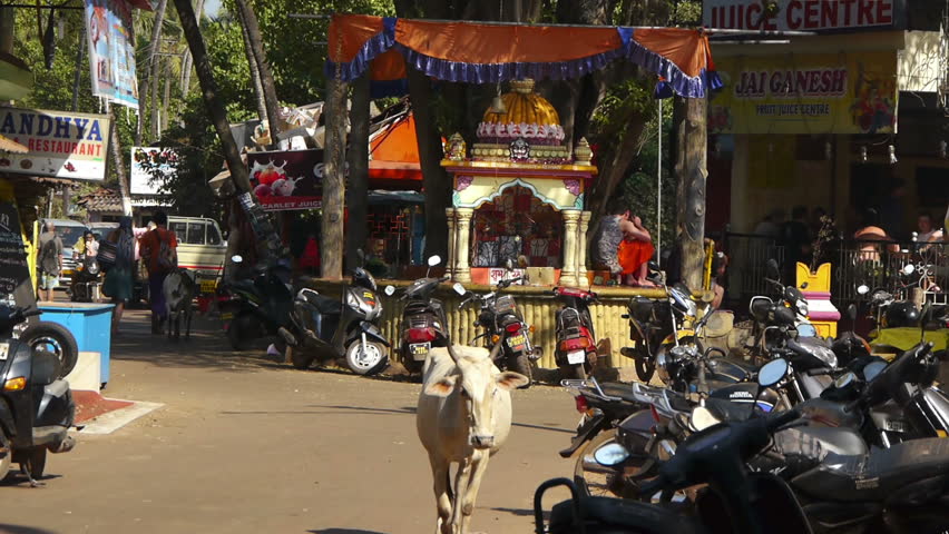 GOA - FEB 12: Busy rural street with many motorbikes and tourists on February 12, 2012 in Goa, India. 