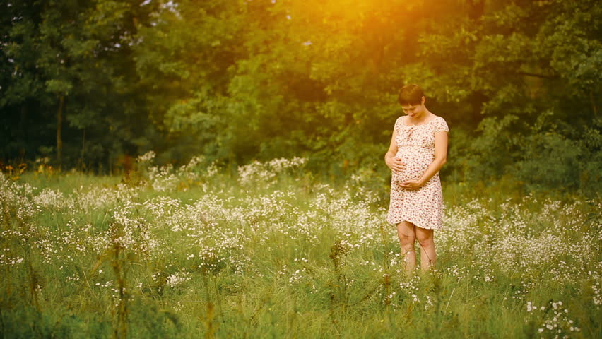 Pregnant woman in the chamomiles at sunset
