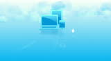 Animation towards a Smartphone, a Pad and a Laptop arranged in front of cloud shapes while data icons are flying around. 