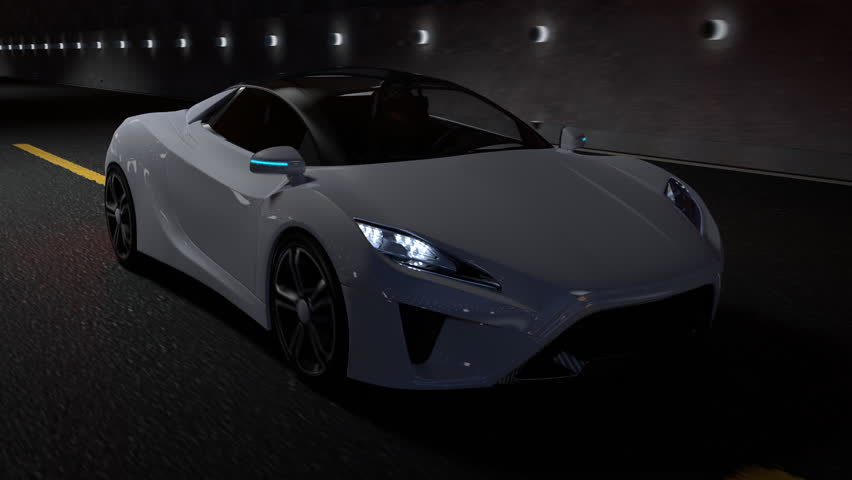 Future concept car driving in a dark tunnel. Seamless loop.