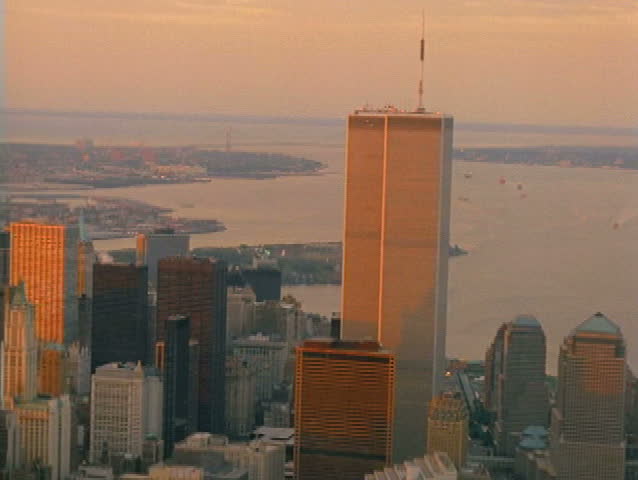 1990s aerial view of New York City and World Trade Center