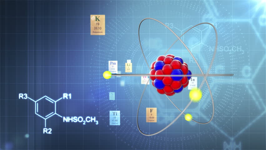 Scientific background. Atom model with elements of Periodic table and chemical formulas