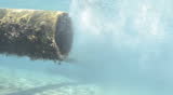 Outlet pipe discharging some form of waste into the ocean.