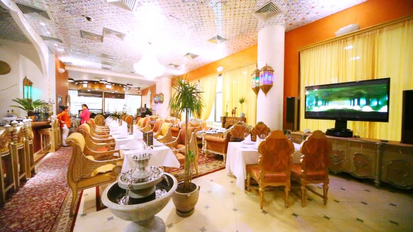 Interior of restaurant lounge is made in Indian style