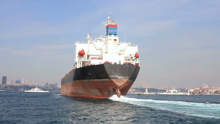 Oil tanker ship on route to Black Sea. Back view of the large tanker ship
