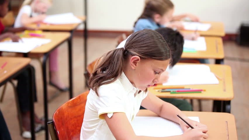 Smiling pupil doing exercises in the classroom
