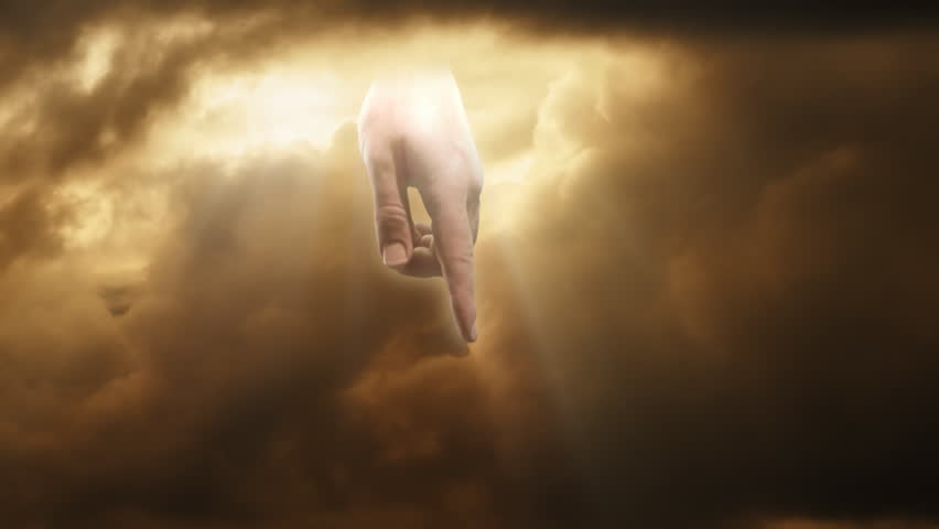 The "hand of God" strikes lightning through clouds with rays of light