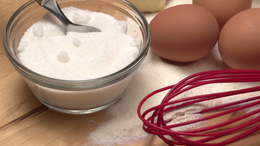 Dolly shot over ingredients for baking