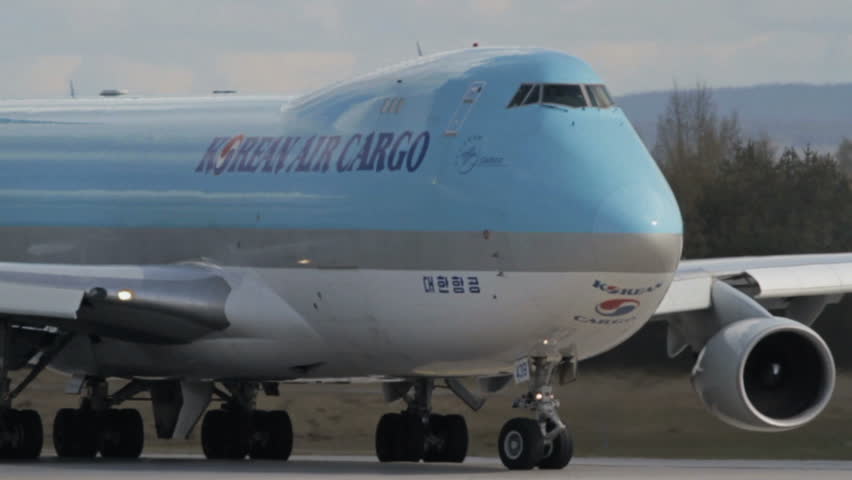 OSLO, NORWAY - MAY 2012: Korean Air Cargo, Boeing 747-499 freight airplane line up for takeoff at Oslo Airport, Norway