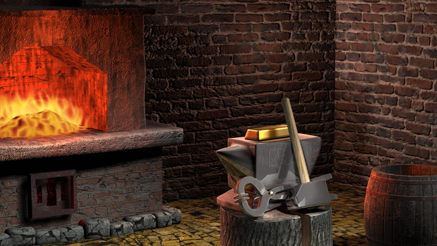 Moving gold bar from anvil to furnace