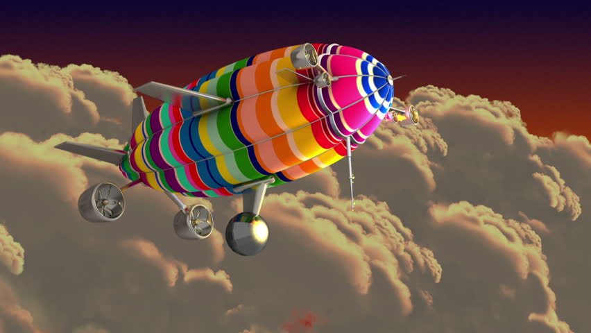 Colorful airship in the clouds. Introductory splash with green screen.