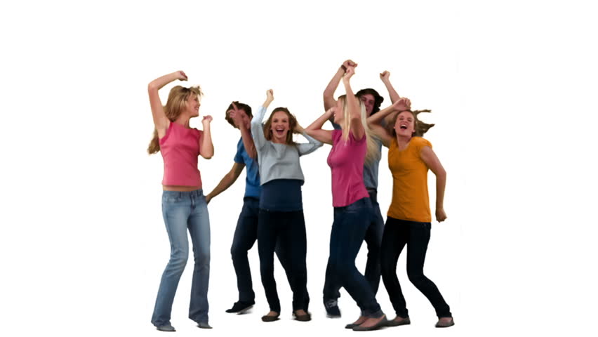 Friends celebrate together in slow motion against a white background
