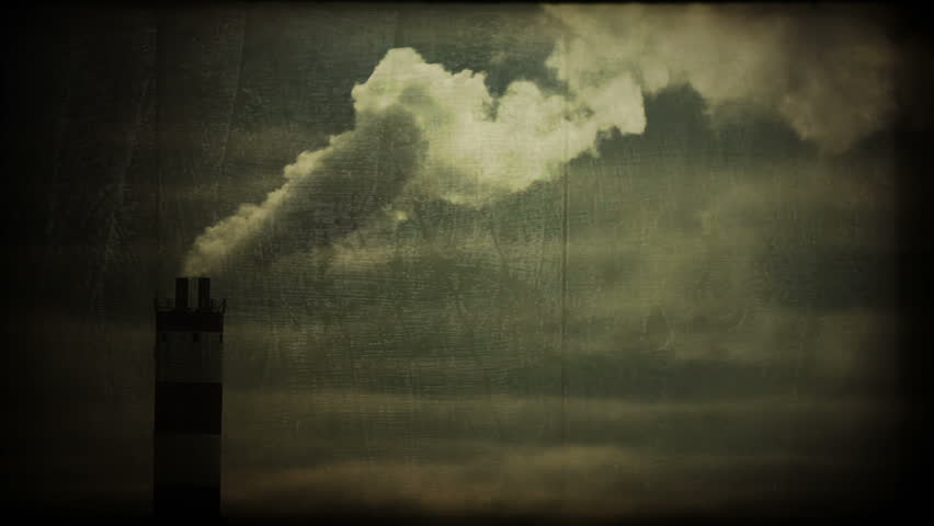 Power station chimneys polluting the atmosphere, vintage imitation clip, HD.