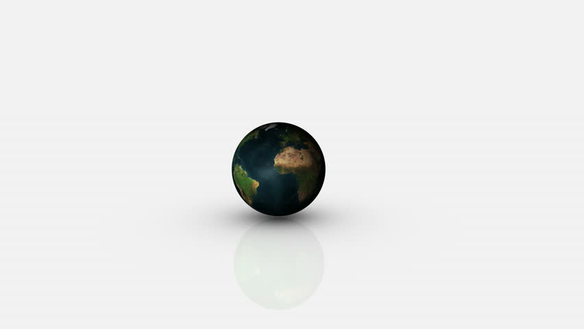 Green Energy. The earth rolls along a white surface going past words pertaining to green energy. During its journey, the earth turns from blue to green.